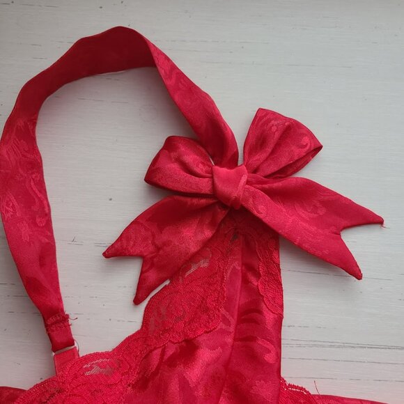 VTG Victoria’s Secret Gold Label Red Satin Jacquard Teddy M Lace Bows Holiday - Picture 6 of 12